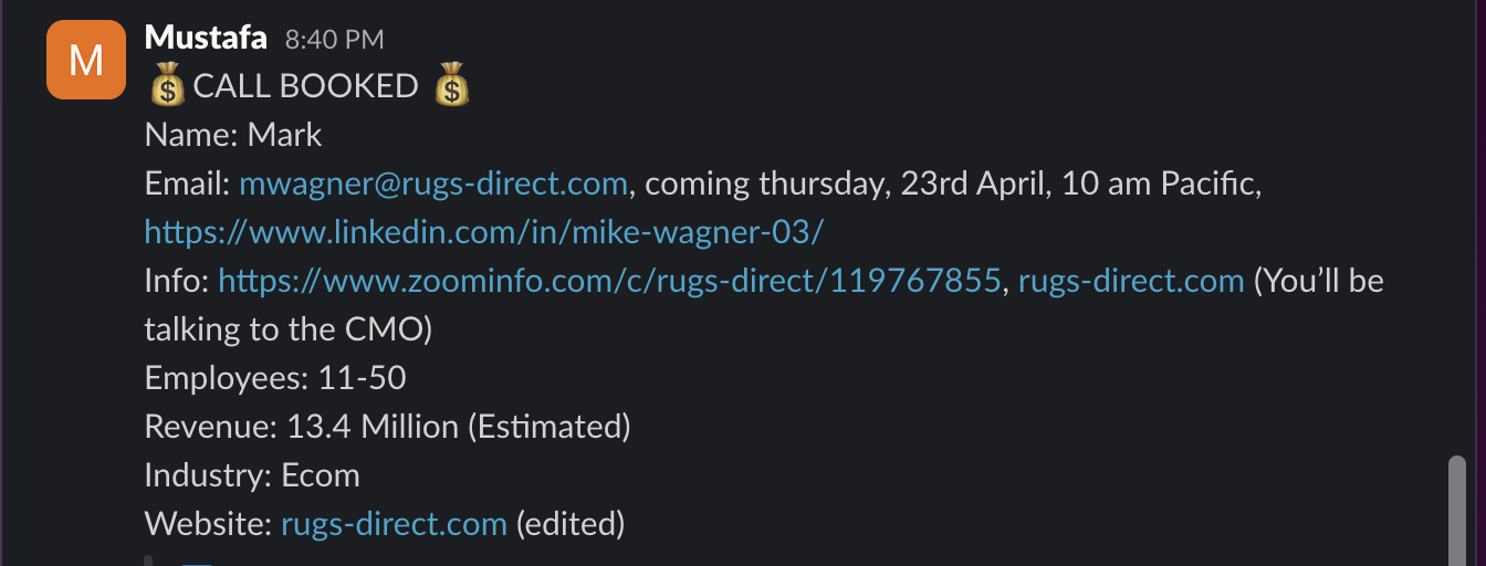 Supplied outreach result screenshot