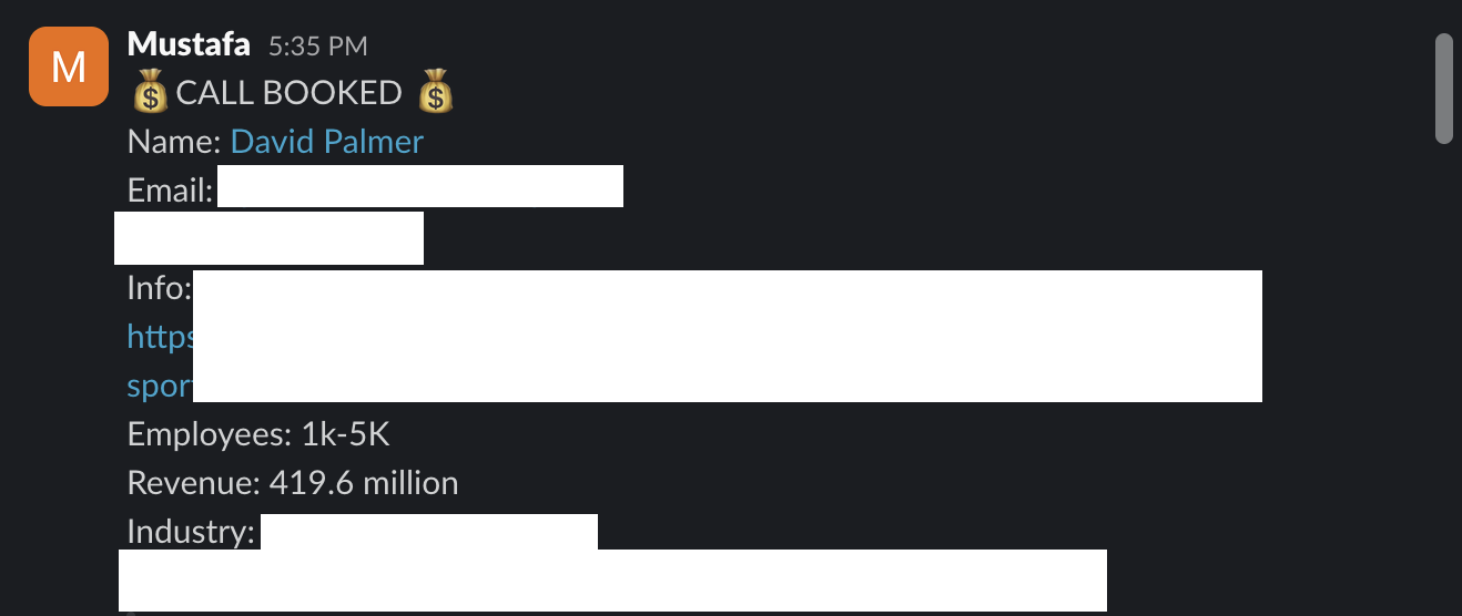 Supplied booked-call notification with private details redacted
